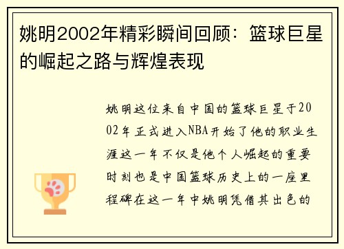 姚明2002年精彩瞬间回顾:篮球巨星的崛起之路与辉煌表现